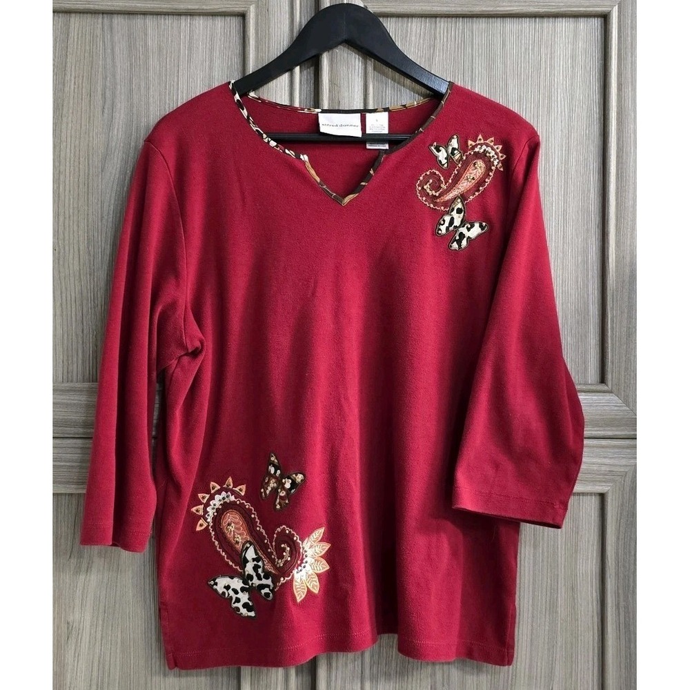 Alfred Dunner Womens Top 3/4 Sleeve Red Butterflies And Beads Large